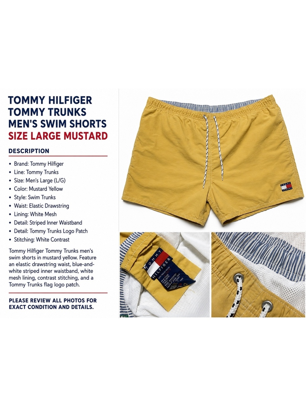Tommy Hilfiger Tommy Trunks Men’s Large Mustard Yellow Swim Shorts Mesh Lined